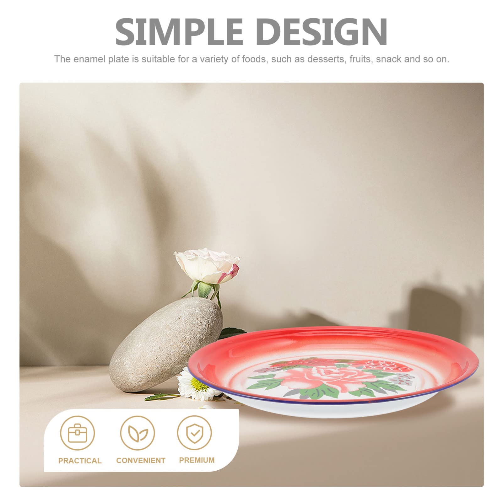 Housoutil Red Plates Round Tray Metal Tray Enamel Plates Chinese Style Enamelware Metal Classic Round Salad Plate for Camping RV Farmhouse Home Restaurant Use Red Plates Metal Tray