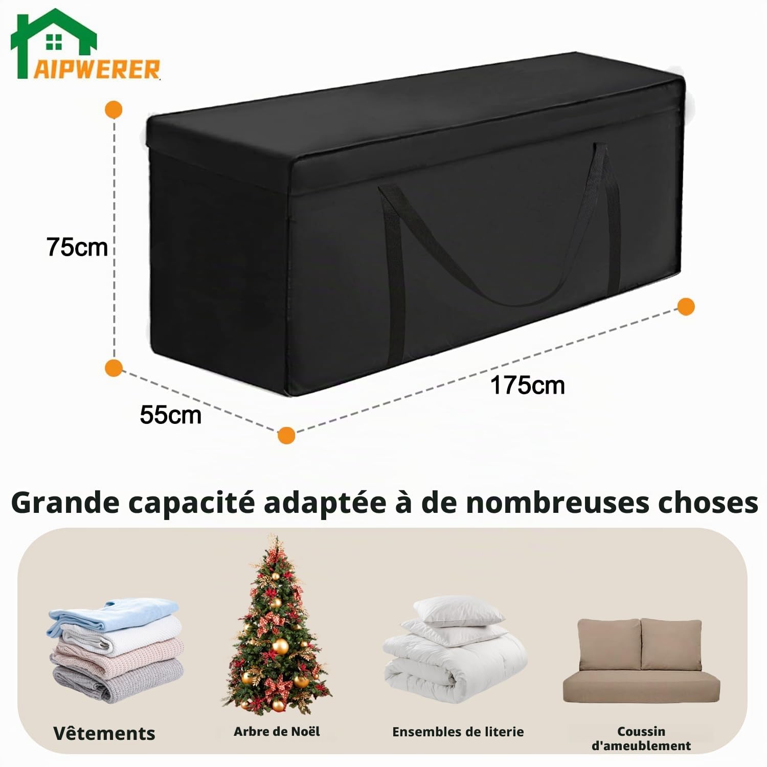 Sac de Rangement Coussin Salon de Jardin,Housse Coussin Exterieur Impermeable 600D Oxford,Housse de Rangement pour Jardin Meubles,Coussin Transat,Arbre de Noël Décorer (Noir, 175x55x75cm)