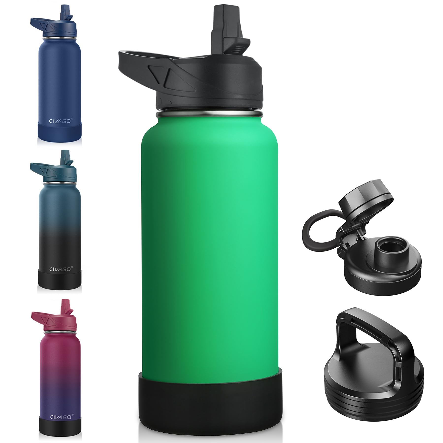 CIVAGO 32 oz Insulated Stainless Steel Water Bottle With Straw and 3 Lids | Large Metal Sports Water Jug Leakproof Reusable Wide Mouth Thermal Flask Cup with Silicone Boot, BPA-Free, Meadow