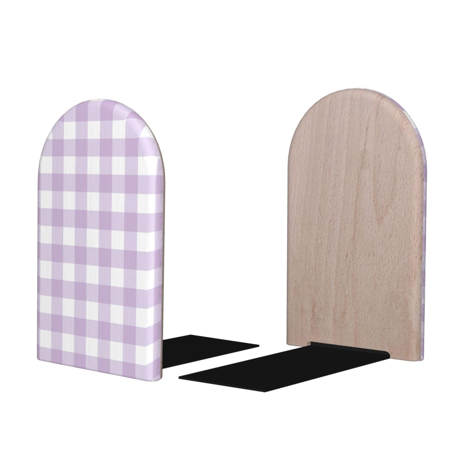 Purple White Plaid Print BookEnds 1 Pair, Decorative Bookends for Heavy Books, Wood Book Ends for Shelves, Book Organizer for Home Desk Office Supplies