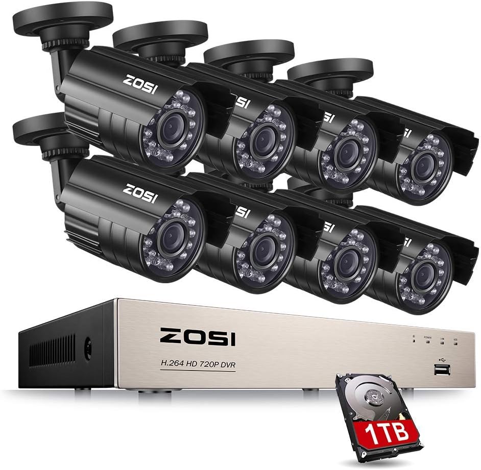 ZOSI Surveillance Camera Kit with 8Channel 720p AHD H.264 HDMI DVR and 8x 1280TVL Indoor