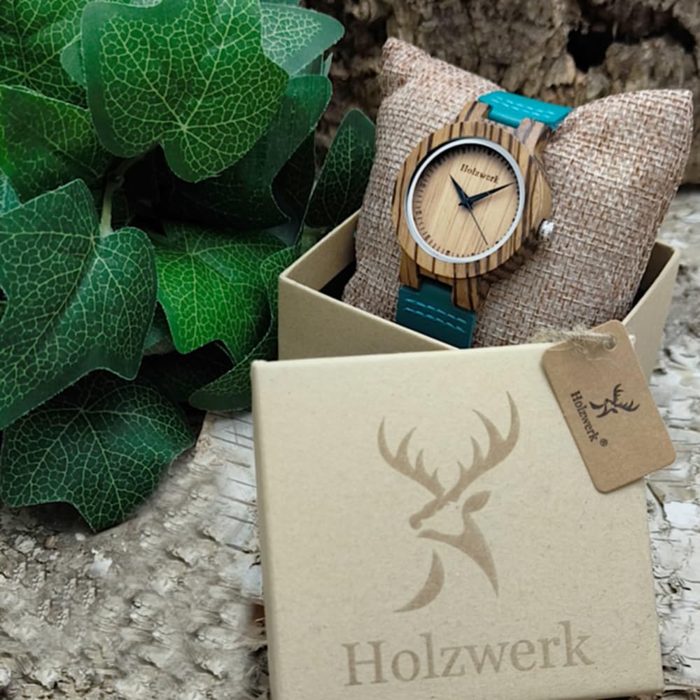 Holzwerk Germany Ręcznie wykonany designerski zegarek damski ekologiczny naturalny drewniany zegarek skórzany pasek zegarek analogowy klasyczny zegarek kwarcowy w kolorze niebieskim turkusowym