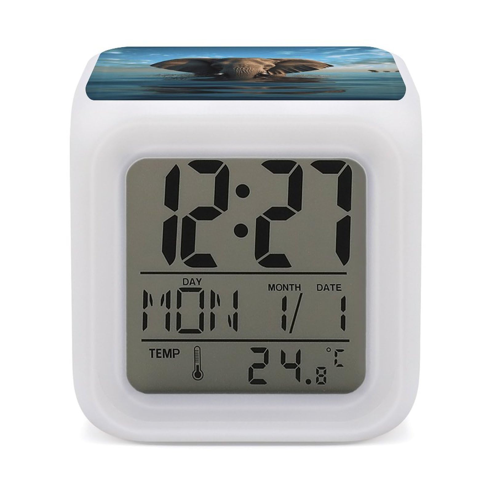 JTREHY Elephant is Sitting in The Water Alarm Clock Digital Dimmable Clock for Bedroom LED Display Screen Mini Clocks 7 Color Dimmable Night Lights Time-to-Rise Alarm Clocks for Office Living Room
