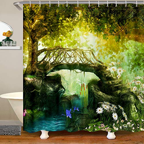 Loussiesd Fairy Tale Waterproof Shower Curtains Magical Jungle Fabric Bathroom Shower Curtain Boys Girls Fairy Woodland Floral Shower Curtain with Hooks Dreamy Natural Scenery Curtain,180x200cm