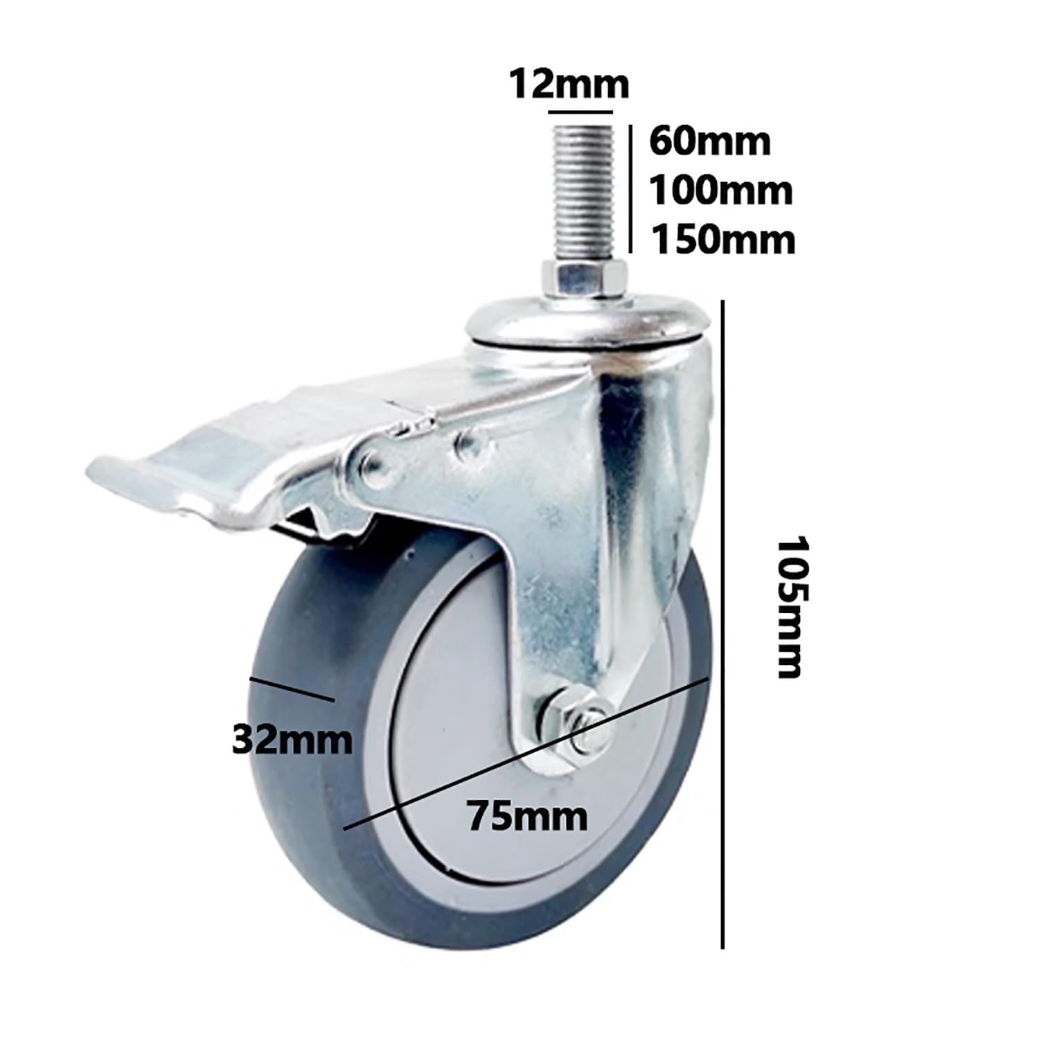 roulettes Charge Lourde 3inch roulettes Tige Fileté M12*60/100/150mm roulettes pivotantes avec Frein Silencieux Nylon Lot de 4(Brake,M12*60)