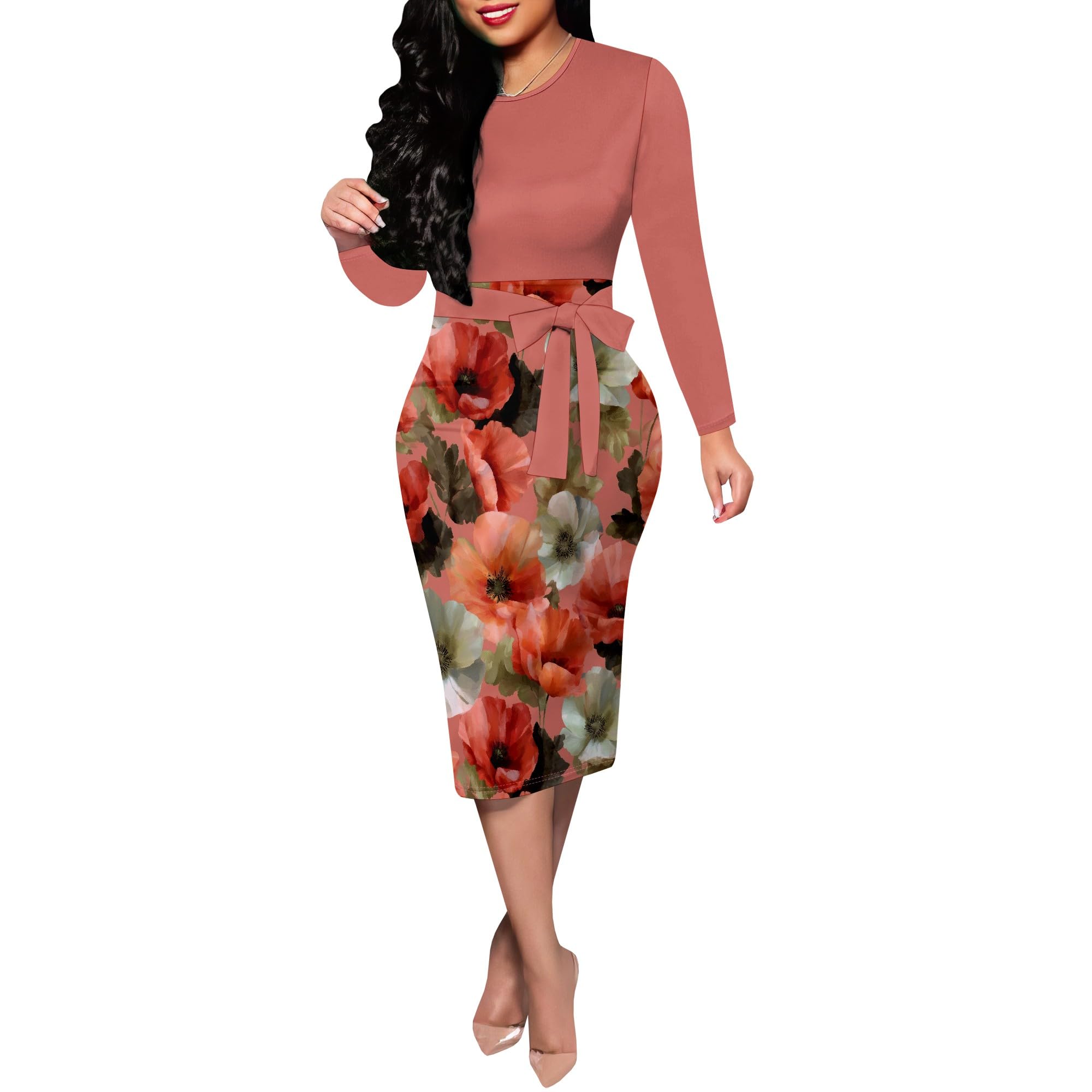 Midi Dresses for Women Church Outfits Business Elegant Casual Bodycon Long Sleeve Pencil Dress Floral with Belt
