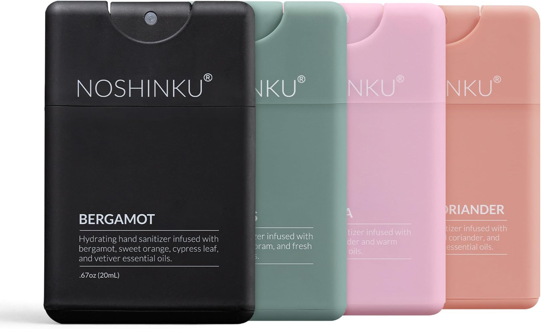 Noshinku - Refillable Hand Sanitizer Discovery 4-Pack, Travel Size Spray with Hydrating Botanical Mist, Natural Ingredients, All Natural Fragrances, Sugarcane Derived Alcohol, No Parabens, No Dyes