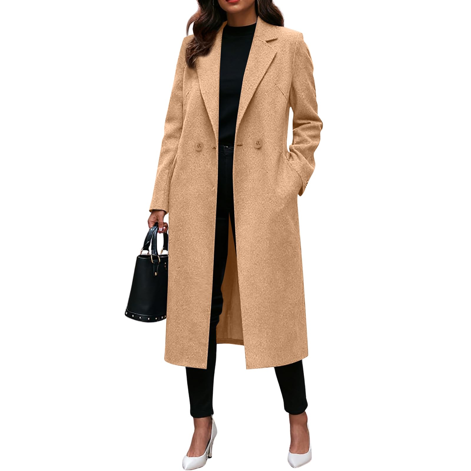FlekmanArt Jackets for Women Lapel Long Thicken Trench Overcoat Winter Wool Blend Pea Coat Fashion Trench Overcoat
