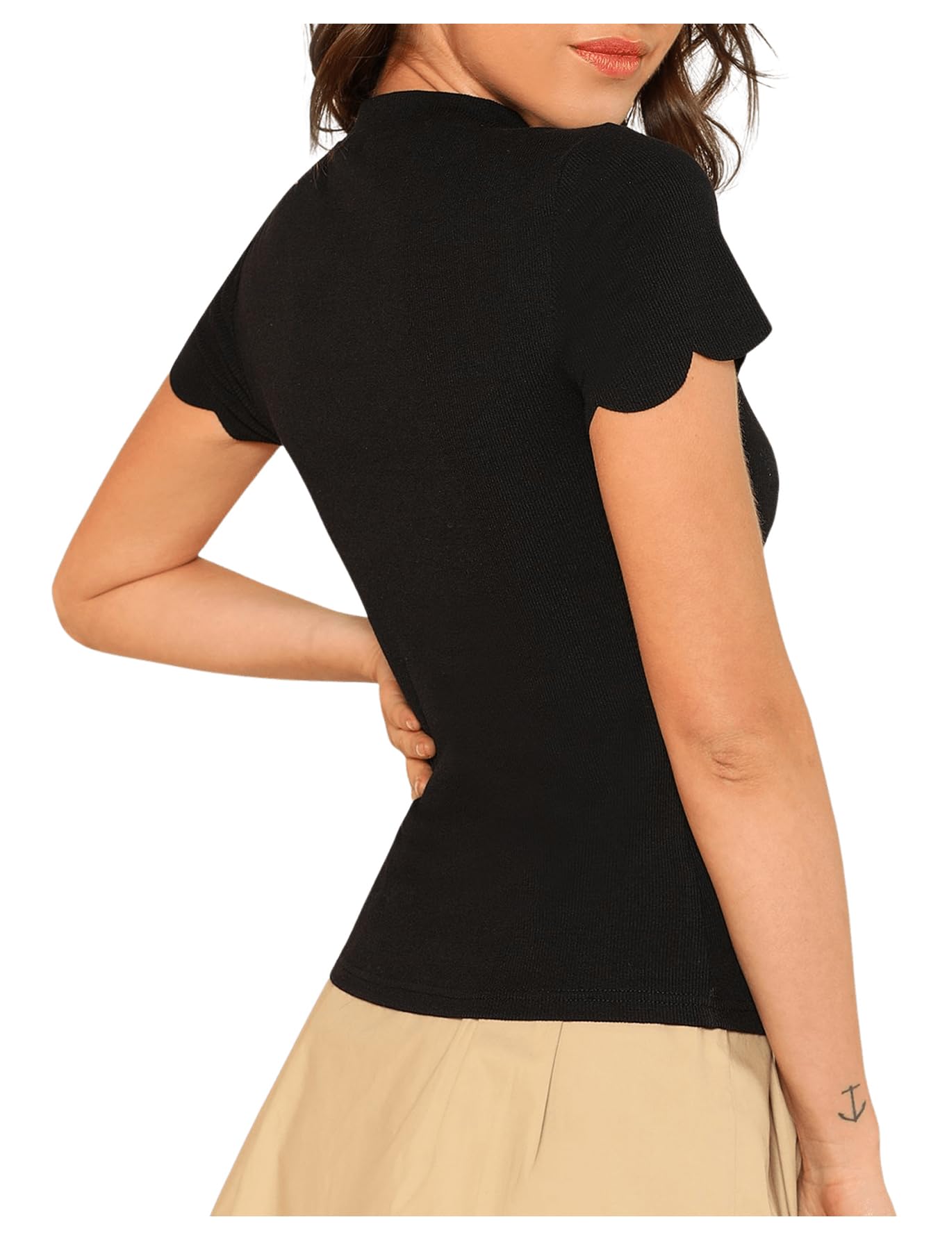 OYOANGLE Women's Summer Scallop Trim Short Sleeve V Neck Slim Fit Blouse Top Shirts