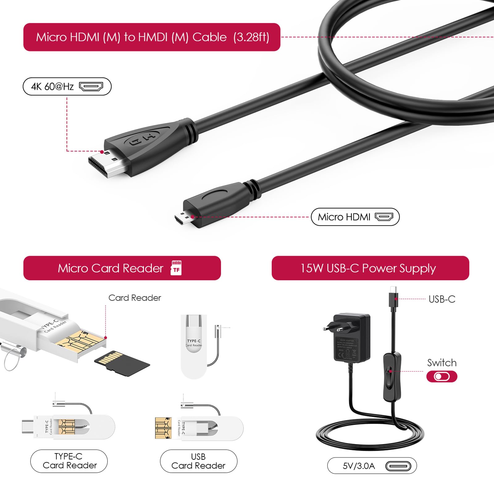 Bqeel Kit Raspberry Pi 4 Model B da 8GB RAM+ 32GB, RPi Barebone con Accessori 1 Cavo HDMI, Alimentatore 5.1V 3A con Interruttore ecc (8G +32G)
