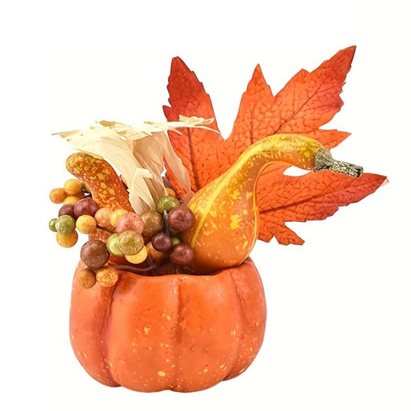 Thanksgiving Artificial Pumpkins Fall Decorations for Home, Small Decorative Orange Pumpkin with Maple for Autumn Harvest Fall Decor Halloween Table Centerpiece Home Kitchen Party