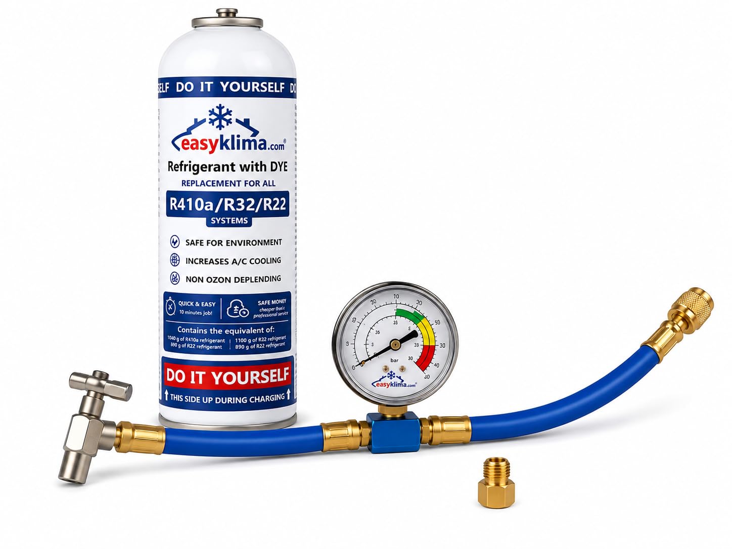 EasyKlima R410A R32 R22 400g/725ml Nachfüllset mit Manometer & Adapter – Kältemittel inkl. Serviceschlauch für Split Klimaanlage & Wärmepumpe