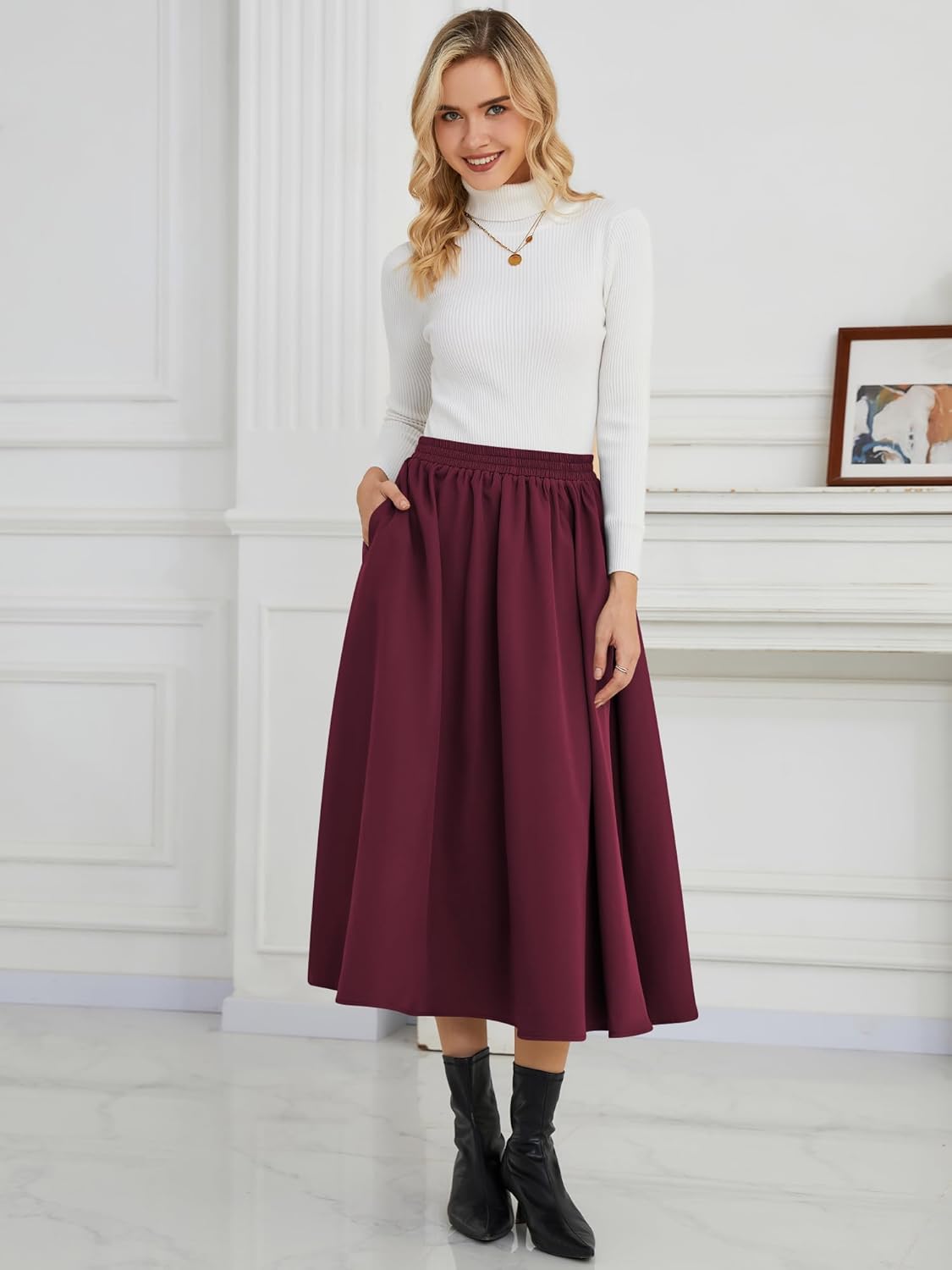 NASHALYLY Women's Midi Skirt High Waisted A-Line Pleated Elastic Casual Long Skirt with Pockets - Image 6