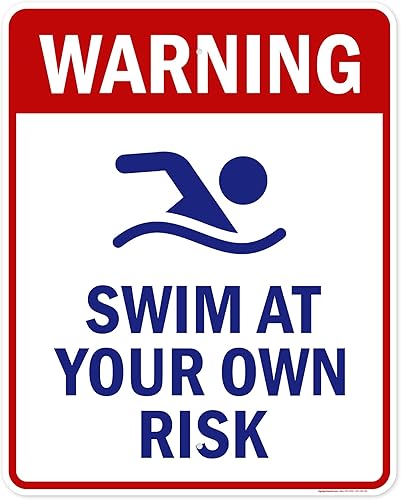 Vista 17 de Señal de advertencia de natación a tu propio riesgo, 10 x 14 pulgadas, libre de óxido, aluminio 040, resistente a la decoloración, fabricado
