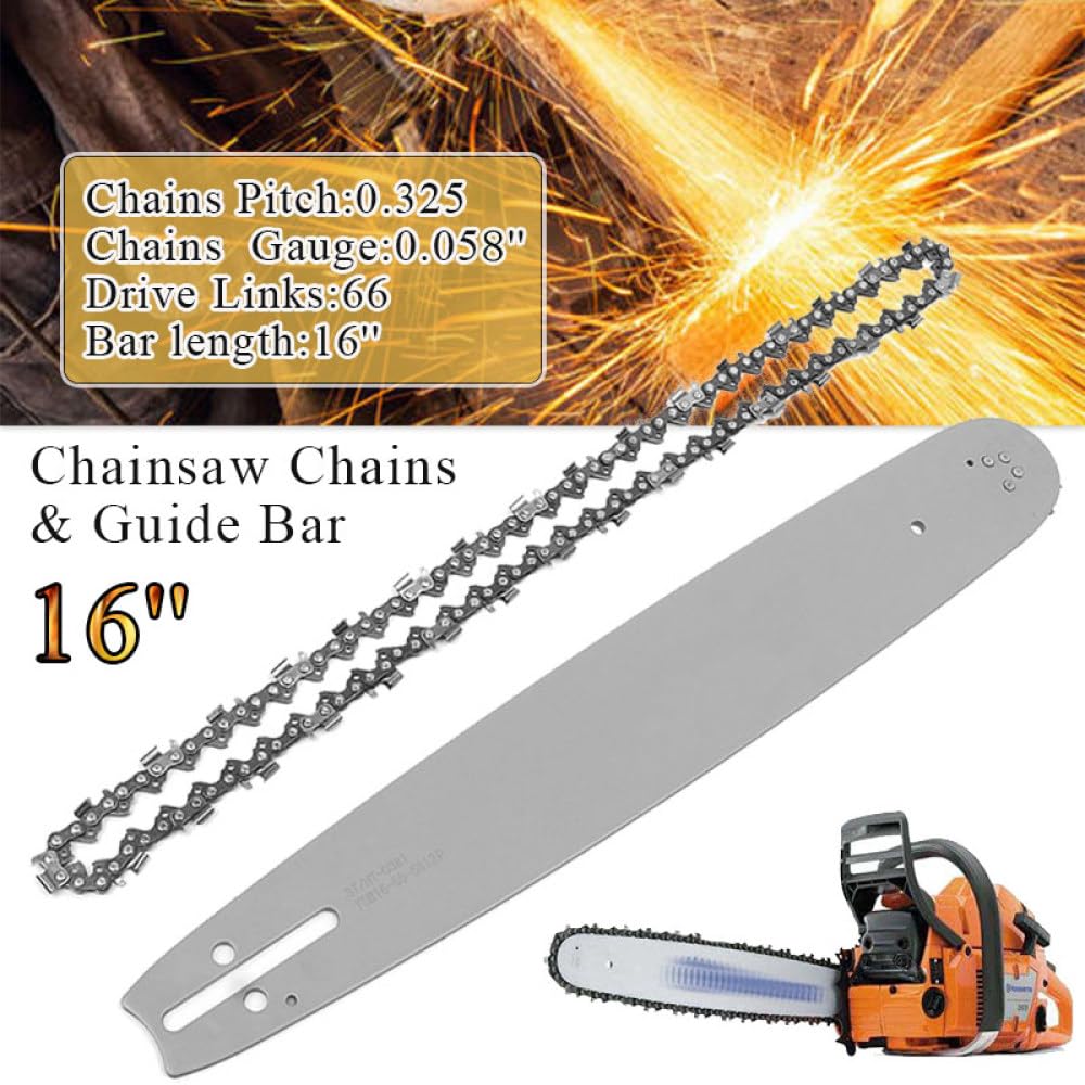 1 juego de barra guía de motosierra de 16 pulgadas + cadenas de motosierra 3/8 LP 325quot; .058quot; Cadena semicincel 66DL, H