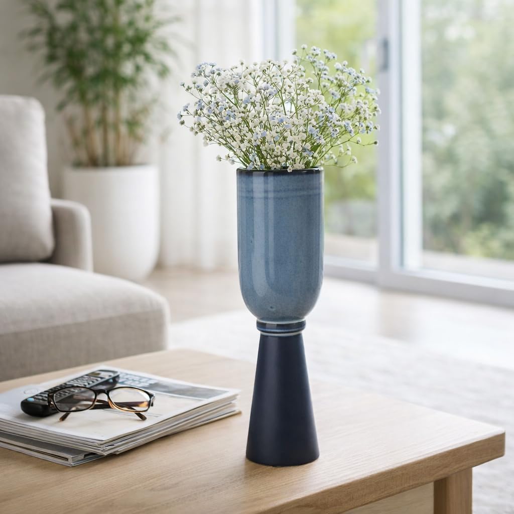 Decorative Cylinder Vase for Living Room and House Decor - Modern Ceramic Flower Vase for Home, Bedroom Vanity, and Office Table Decor - Display Accent for Kitchen Counter - 14", Blue & Black