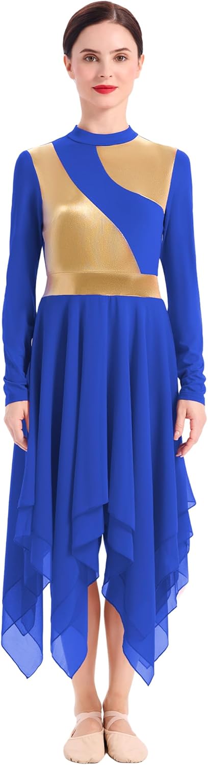 IBAKOM Praise Dance Dress for Women Long Sleeve Flowy Asymmetric Skirt Worship Dance Tunic and Overlay Liturgical Dancewear