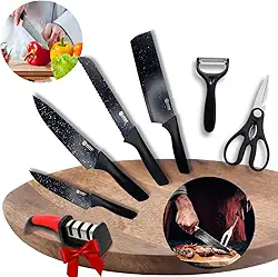 Jogo de Facas de Aço Inoxidável para Churrasco, 7 Peças, Kit Completo com Amolador, MZcell