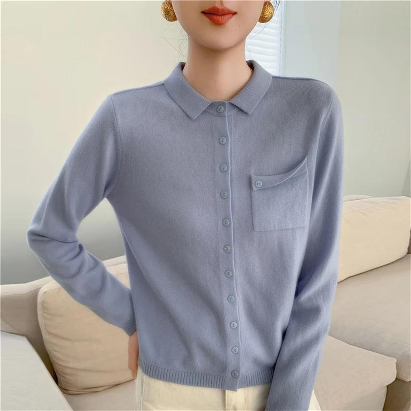 Cárdigan de lana merino para mujer, con cuello vuelto, botones, de punto grueso, para otoño e invierno, chaquetas cálidas con bolsillos