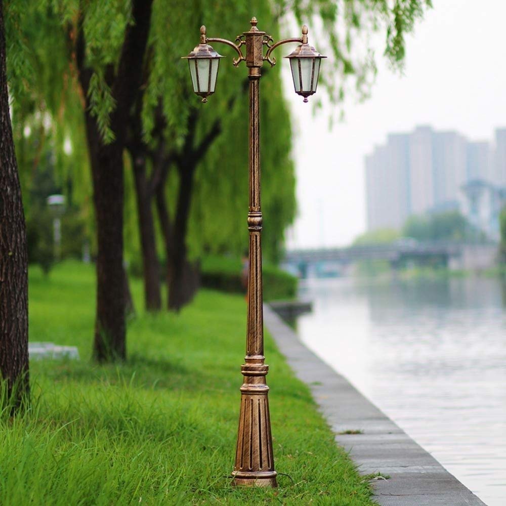 Farola de Doble Cabezal de Bronce y Aluminio, Estilo Antiguo, para Exteriores, Robusta, con Varilla de Aluminio, Tipo Pilar, lámpara de Mesa de jardín Tradicional con ca,2.5m