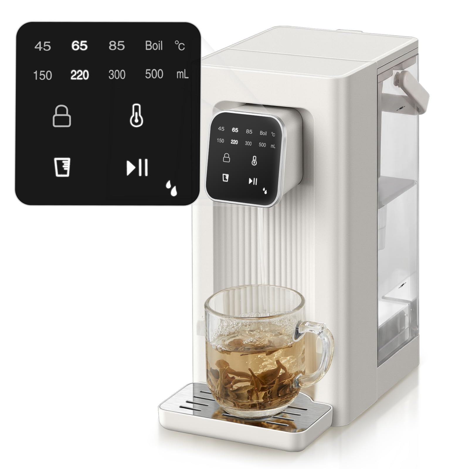 Instant Hot Water Dispenser, 4 Temp Settings (45°C-100°C),4 Volume Options(150ml-500ml), Digital Touch Screen One Cup Kettl, 2.5L Removable Tank, Safety Lock, for Hot Drinks and Tea, White