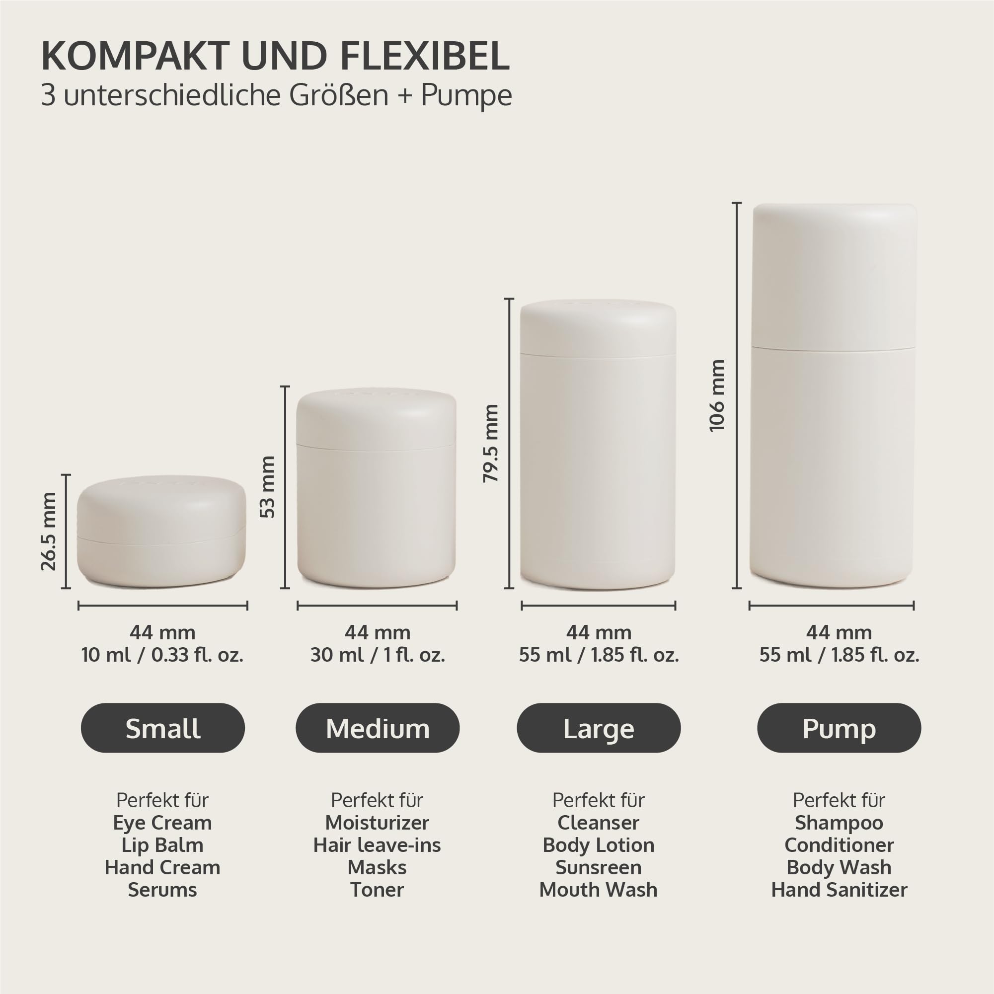Travelpods 7 Auslaufsichere Kosmetik Reise Behälter Magnet Behälter Spülmaschinenfest Hartschalen Reisespender BPA-Frei Reiseflaschen 55ml 30ml 10ml Sandstone