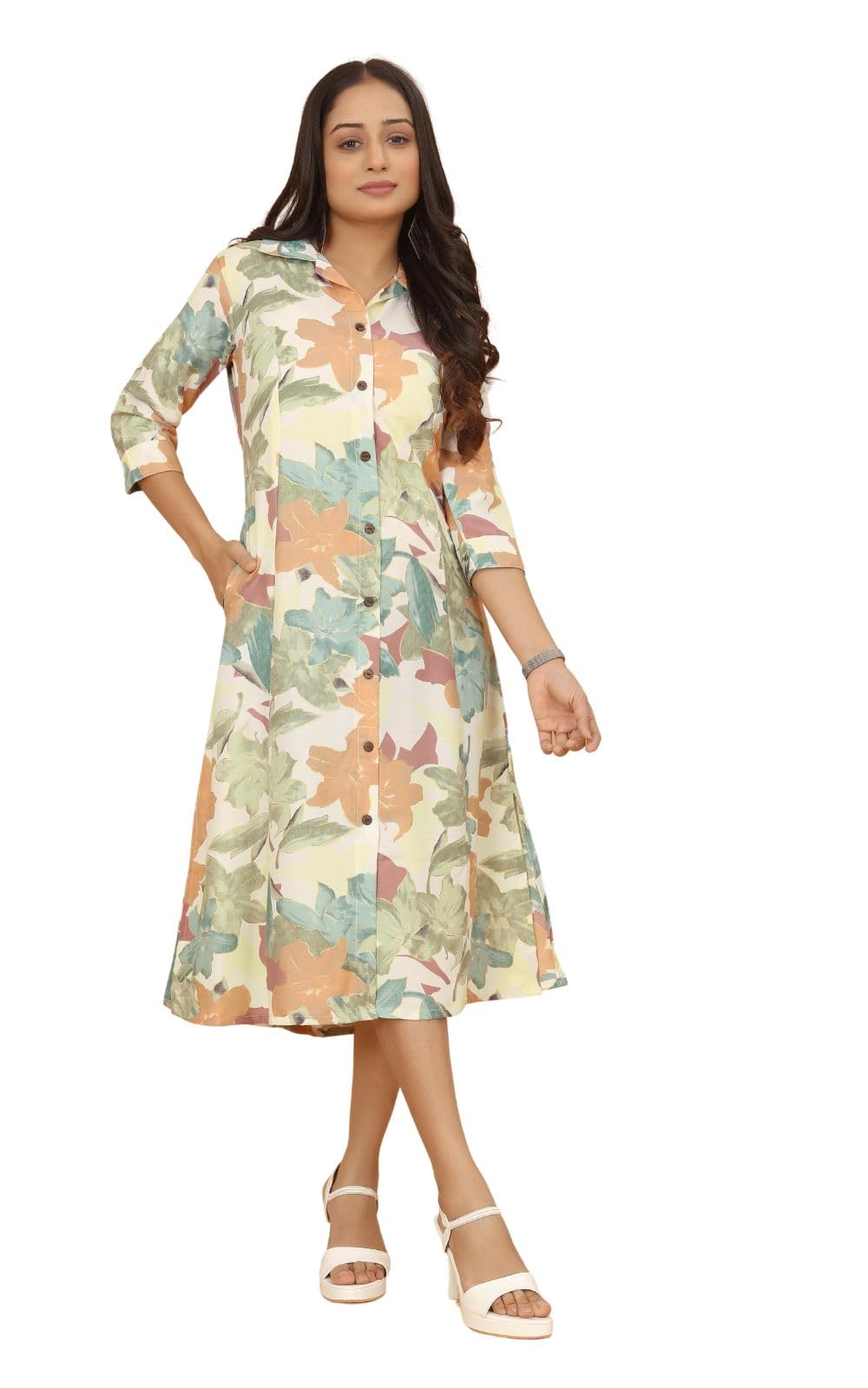 A Line Dresses for Women Western Rayon Floral One Piece Dress for Women | Stylish Flared Roll Tab Sleeve | Knee Length Midi Maxi Dress | Wear as Beach, Party-image-47
