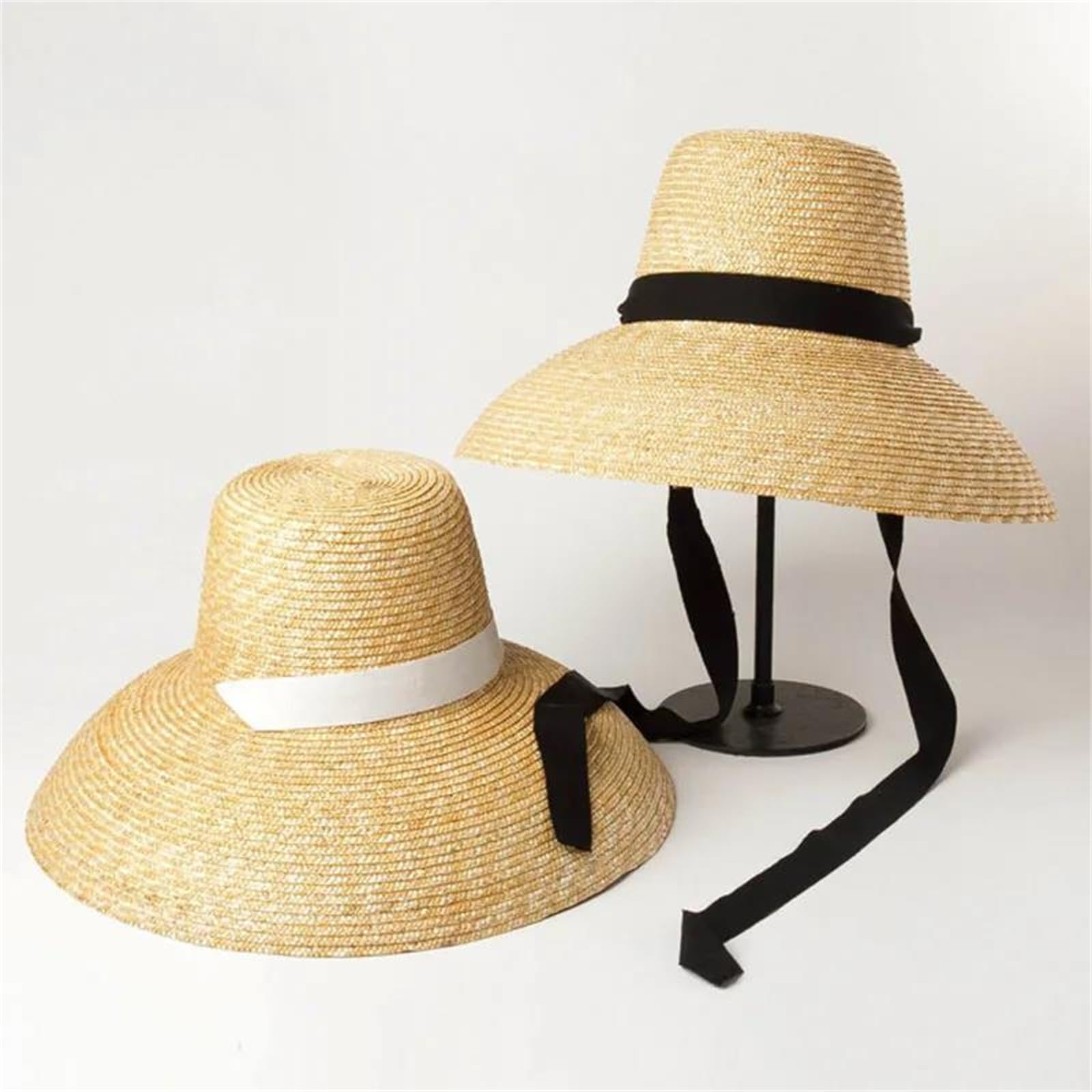 Sombrero de paja grande de verano para mujer, con lazo de encaje negro, ala ancha, sombrero de playa