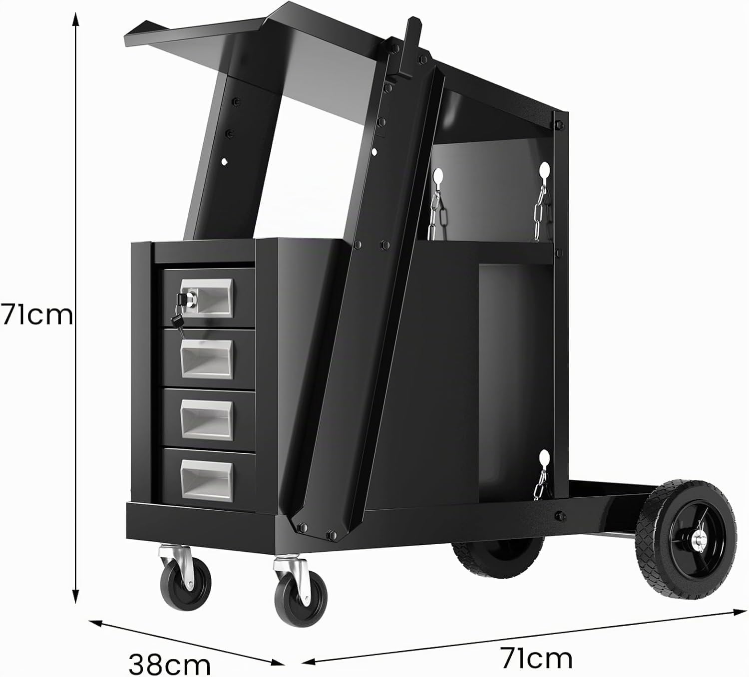 GYMAX Carro de Soldadura Rodante con 4 Cajones, Carga 45 kg, Carro de Herramientas con Almacenamiento y Cadena de Seguridad, para Soldadores y Cortadores de Plasma para Garaje, Taller