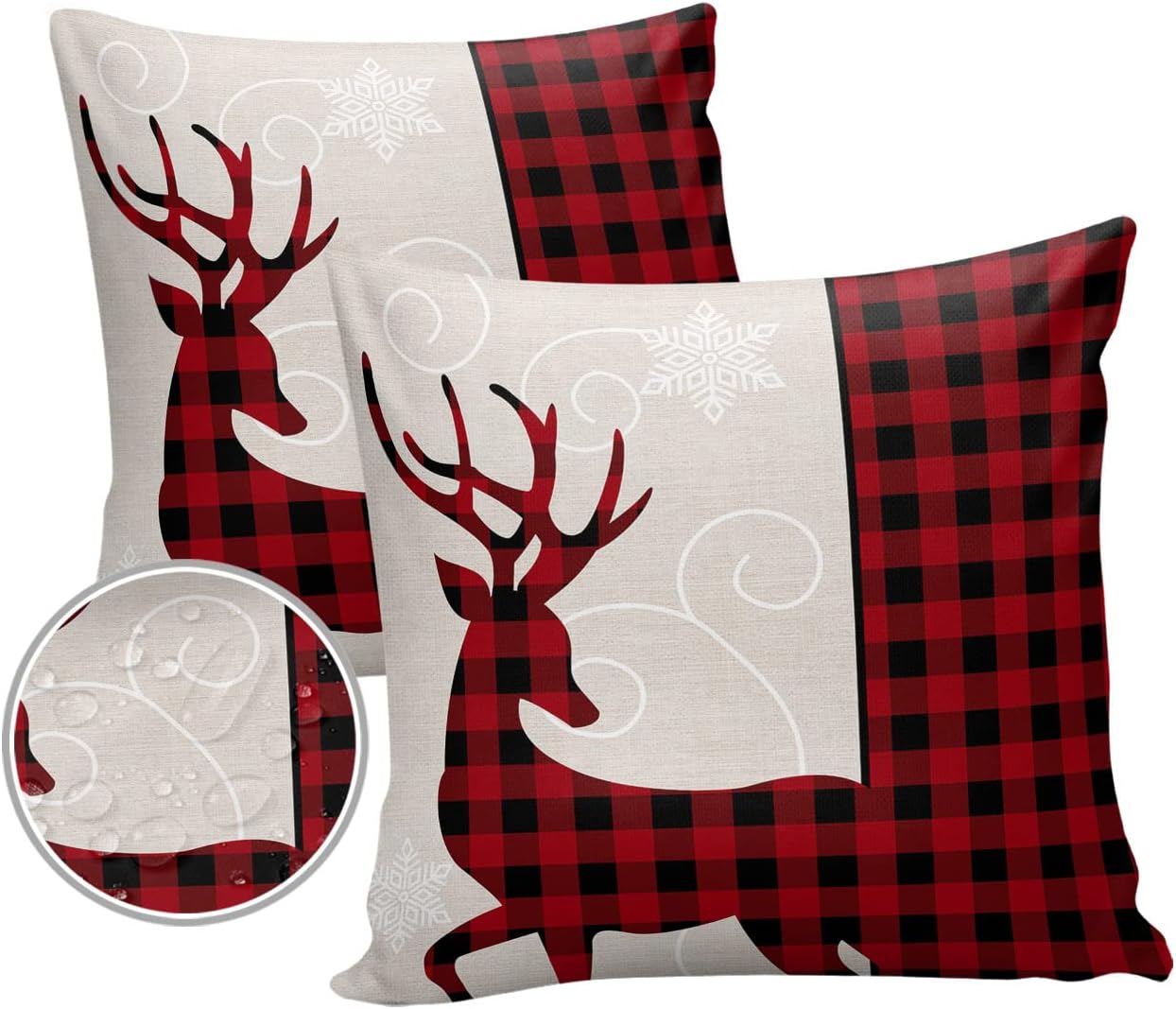 MHousee Outdoor Pillow Covers, Red Buffalo Plaid Check Christmas Deer Pillow Covers