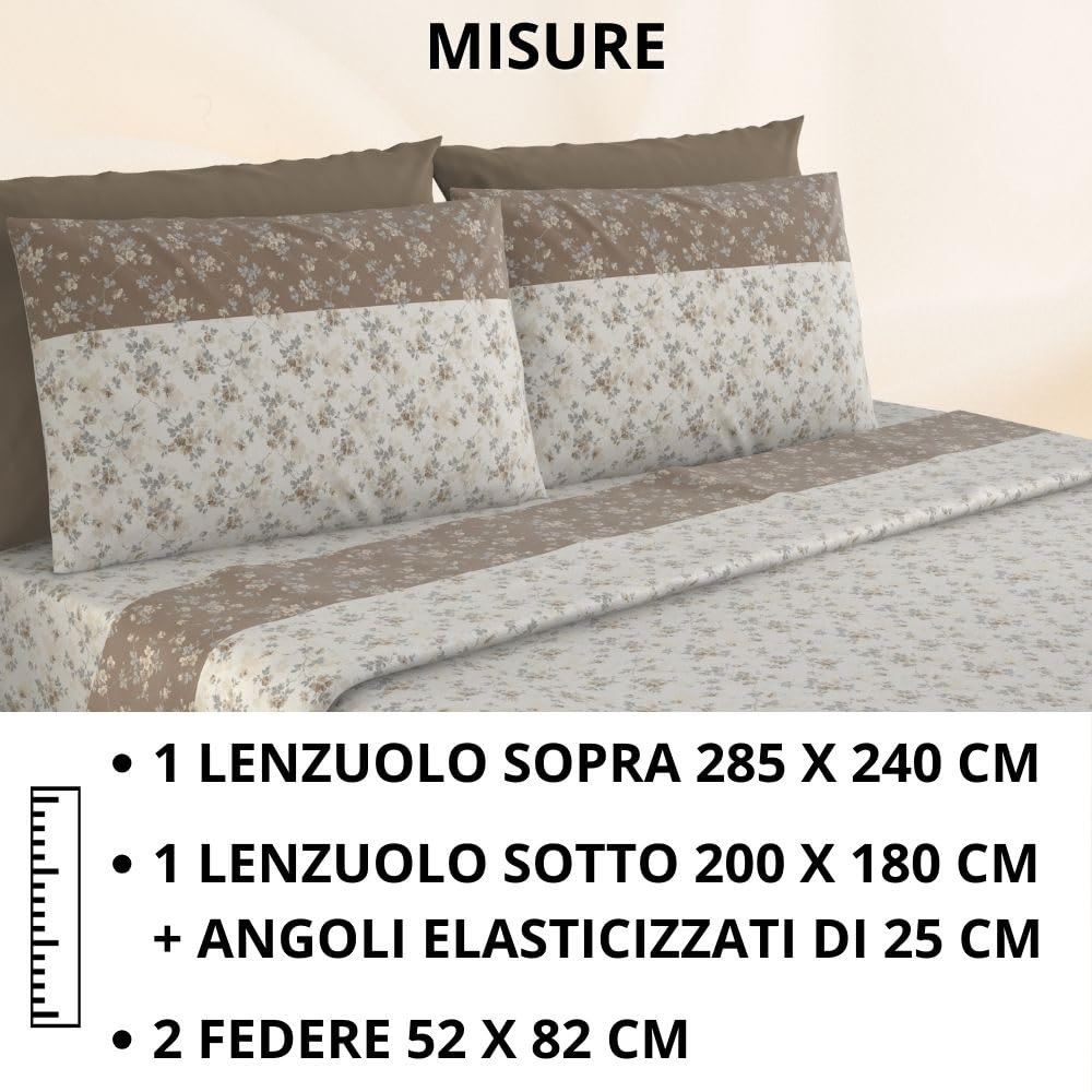 MAXIME MAISON - Completo Lenzuola Flanella Matrimoniale in Cotone Stampate, Set Lenzuola Matrimoniali Flanella Invernali con Fantasia Elegante (Garden Tortora)