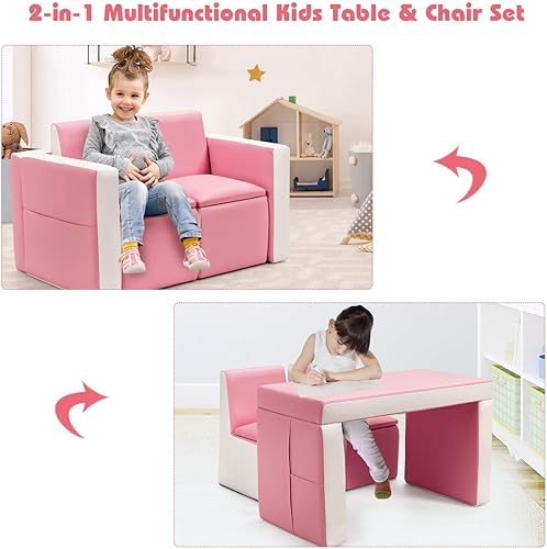 Miniatura 4 de Costzon Sofá para niños, asiento doble 2 en 1, sofá infantil convertido a mesa y dos sillas para la escuela, espacio de almacenamiento, superficie