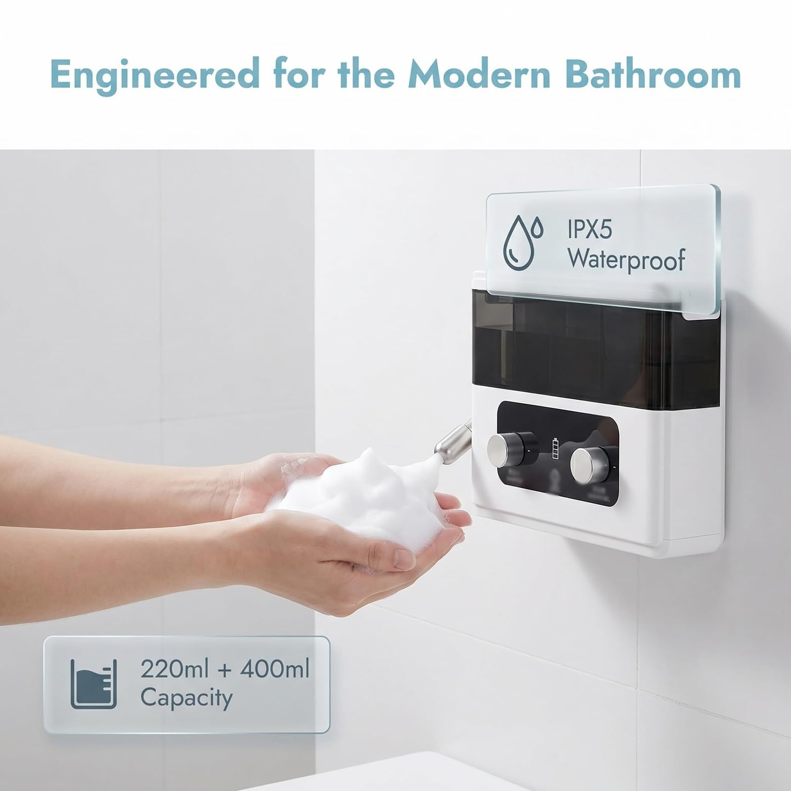 Cabezal de Ducha Inteligente con Espuma, de Pared, Boquilla Ajustable | Batería recargable de 2200 mAh, 2 modos, capacidad de 840 ml, para baño y champú, material ABS, ideal para baño y hotel
