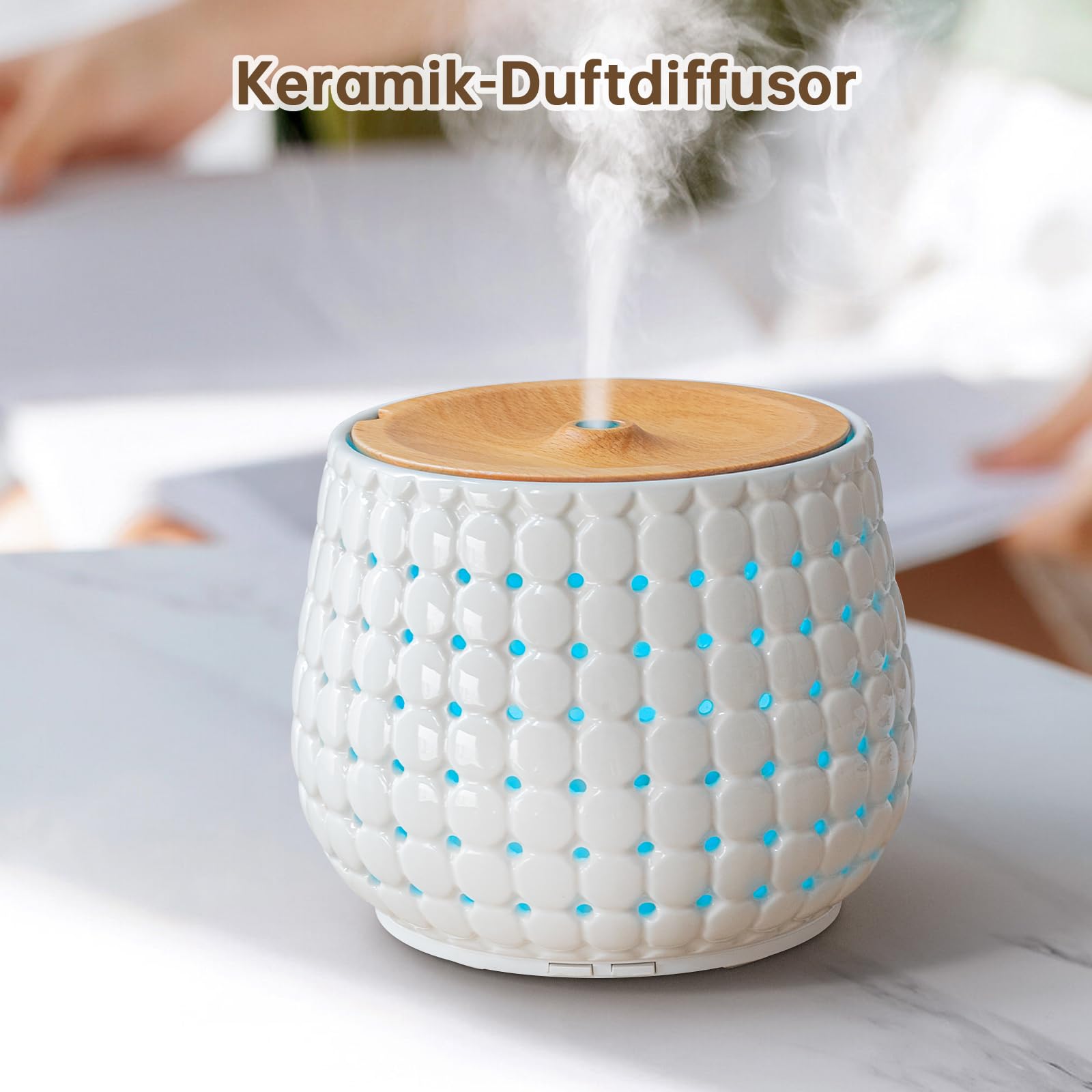 Weißer Keramik-Öl-Diffusor für ätherische Öle großen Raum, 250ml Aromatherapie-Öl-Diffusor kühlen Nebel Luftbefeuchter mit 7 Farben Lichter 2 Nebel-Modi