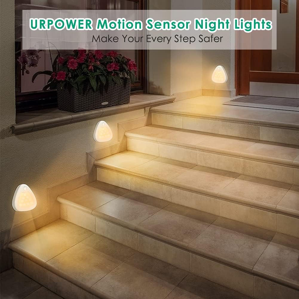 URPOWER Motion Sensor Light Indoor, 60LM LED Closet Lights Battery Operated Under-Cabinet Lighting, Stick-Anywhere Safe Night Lights for Hallway, Stairs, Entrance (3 Pack, Warm White)