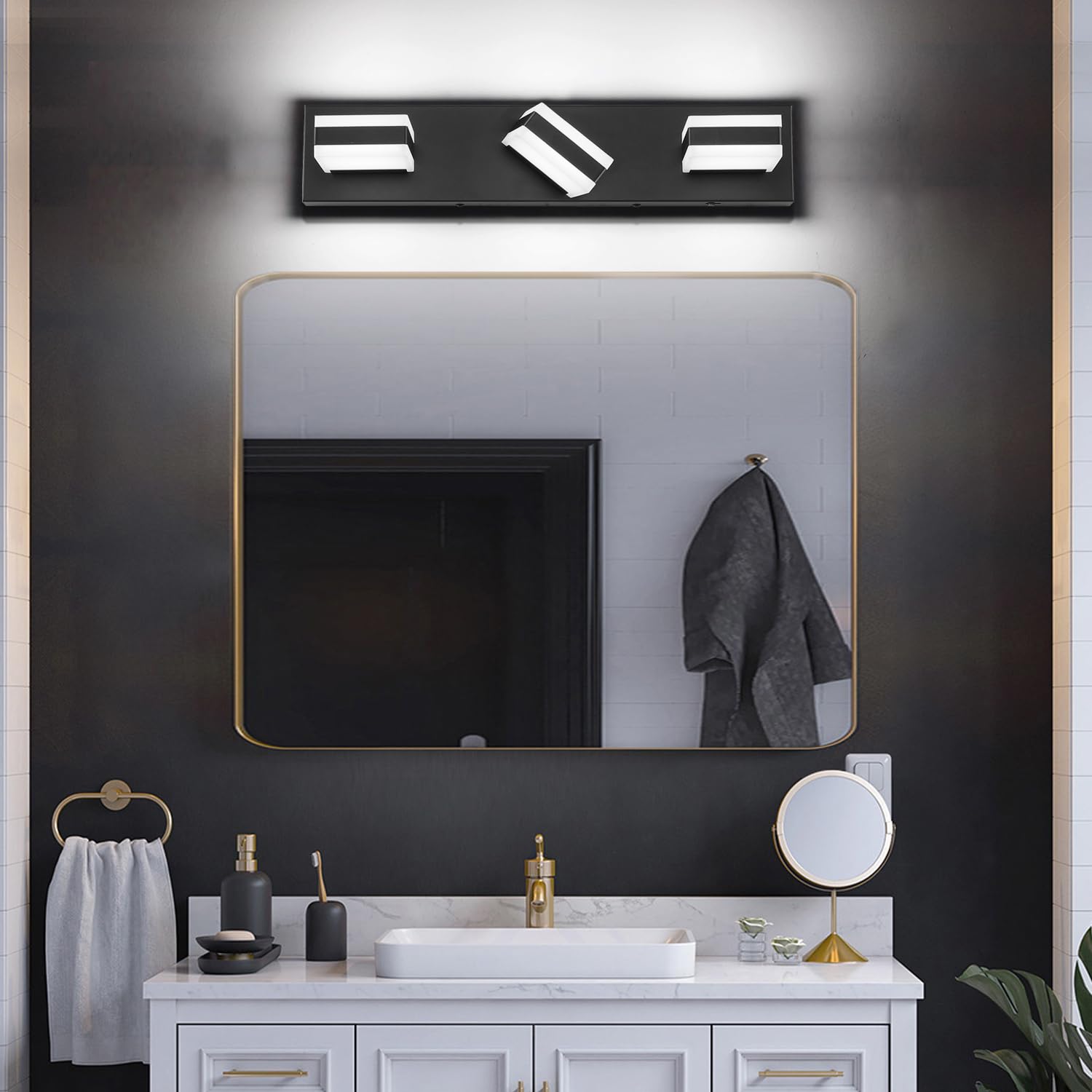 SOLFART Vanity Lights for Bathroom, Black 3 Light Bathroom Light Fixtures Modern Black LED Vanity Light Cool Light 6000K