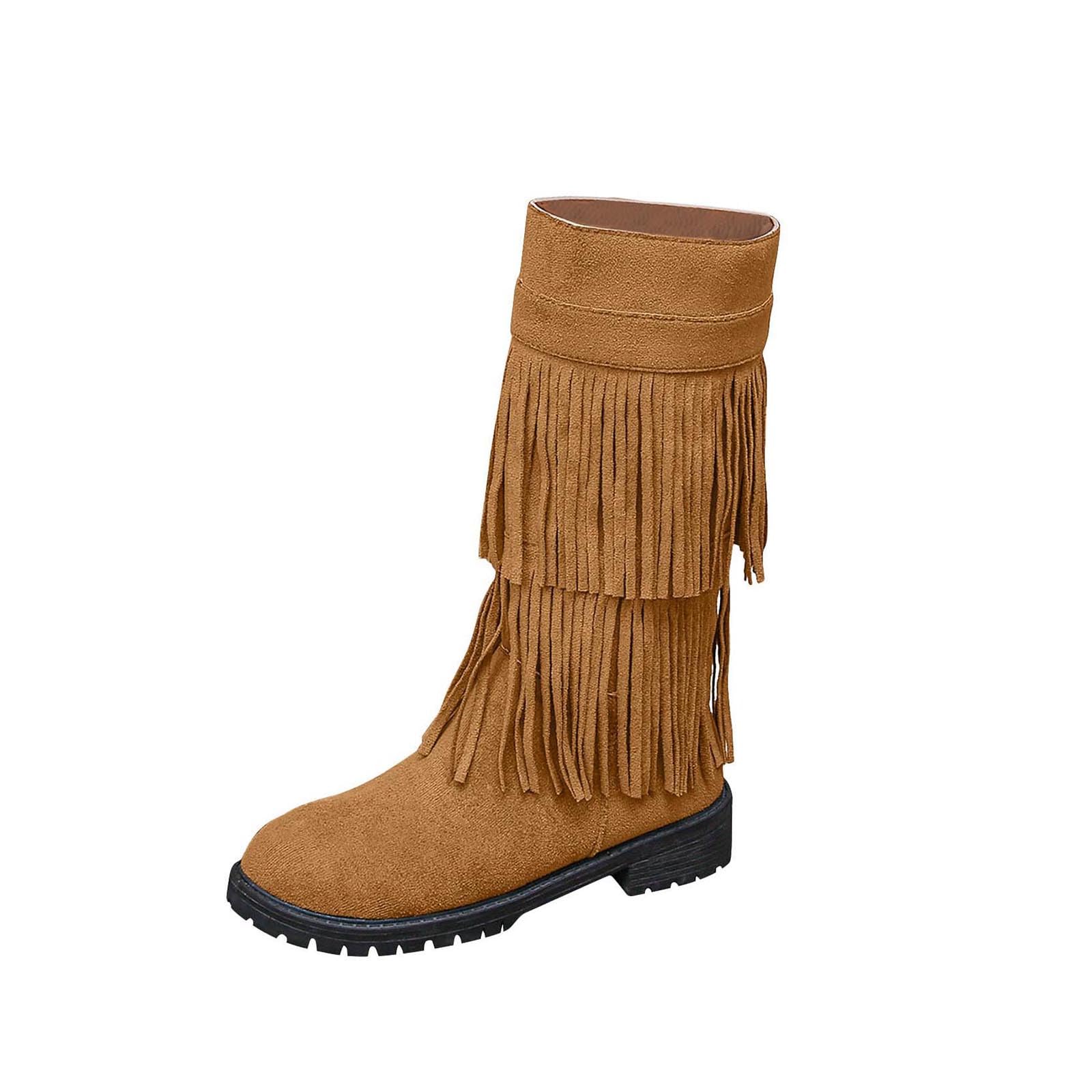 Womens 3-Layer Fringe Boot Moccasin Boots Mid-calf Cowboy Boots Cowgirl Perfect for Country Music Festivals Western Booties