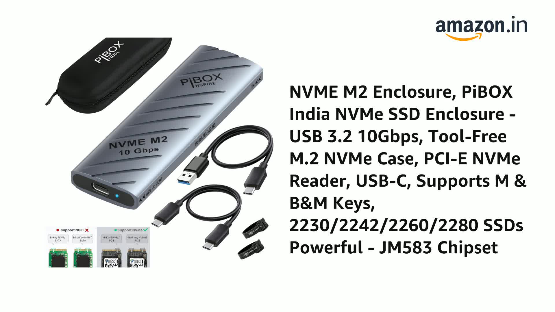 piBOX India NVMe SSD Enclosure - USB 3.2 10Gbps, Tool-Free M.2