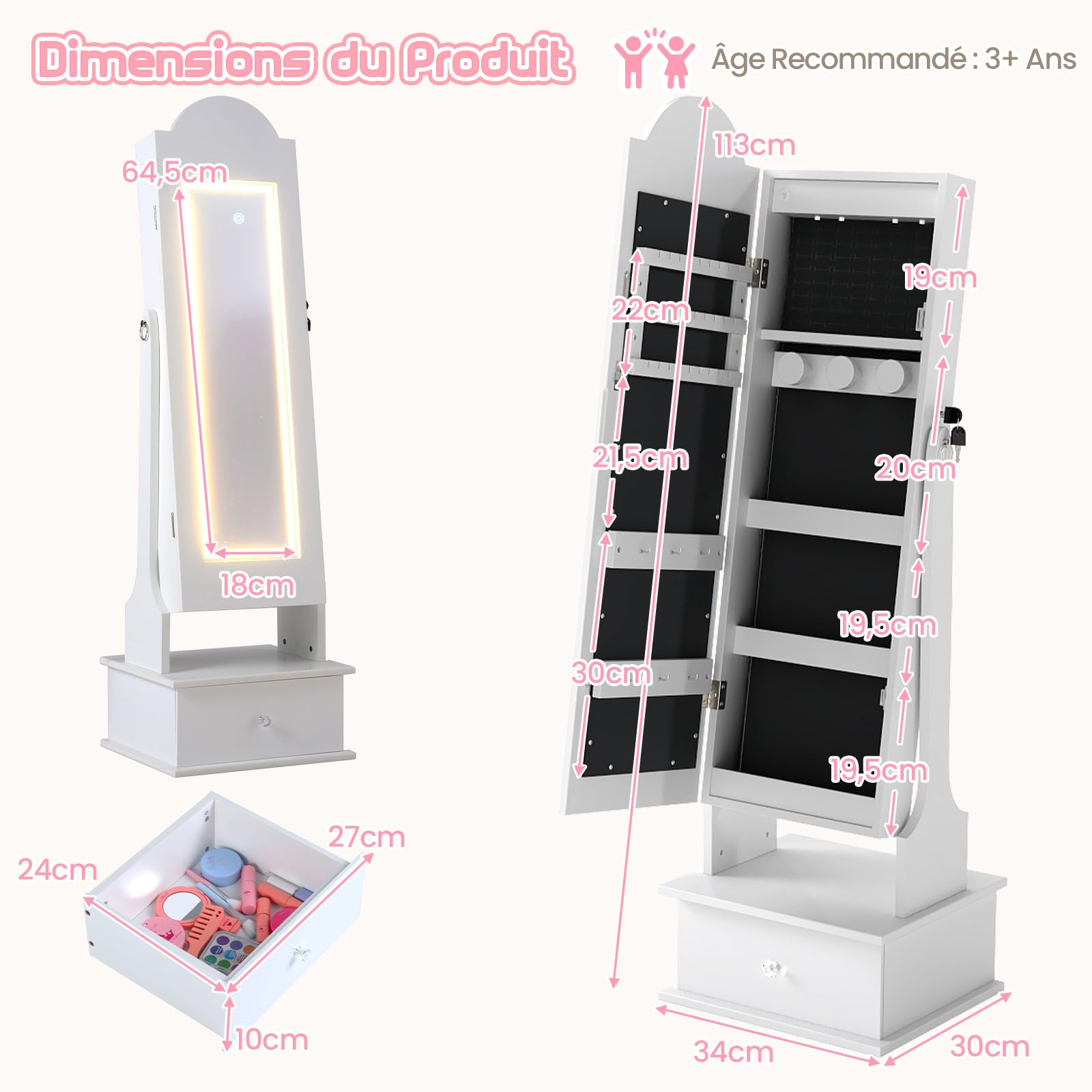 COSTWAY Armoire à Bijoux Enfant avec Miroir Éclairé et Tiroir, Organisateur de Bijoux en Forme Nuage avec Dispositif Anti-basculement, 2 Angles d'Inclinaison, Miroir Pleine Longueur, 3 Ans+ (Blanc)