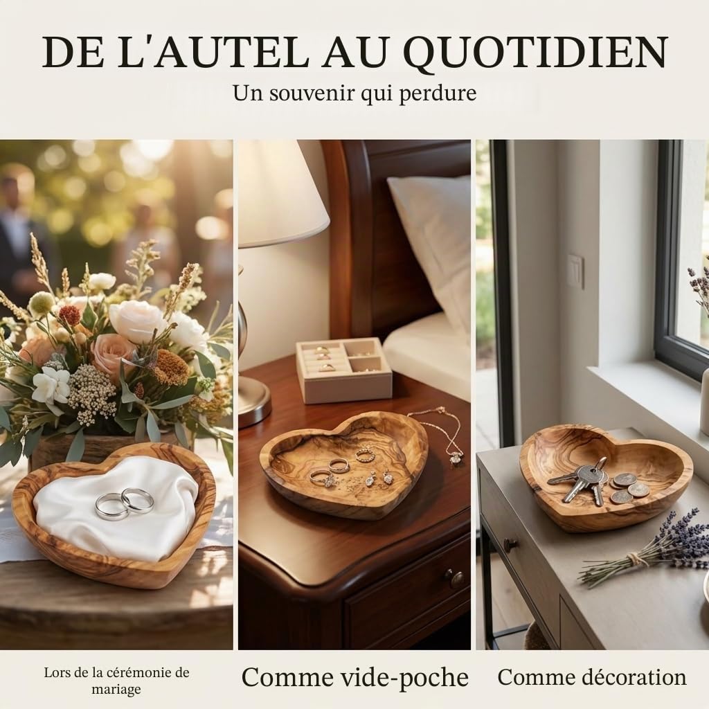 Coussin pour alliances de mariage en bois d'olivier personnalisé - Bol en bois en forme de cœur fait à la main