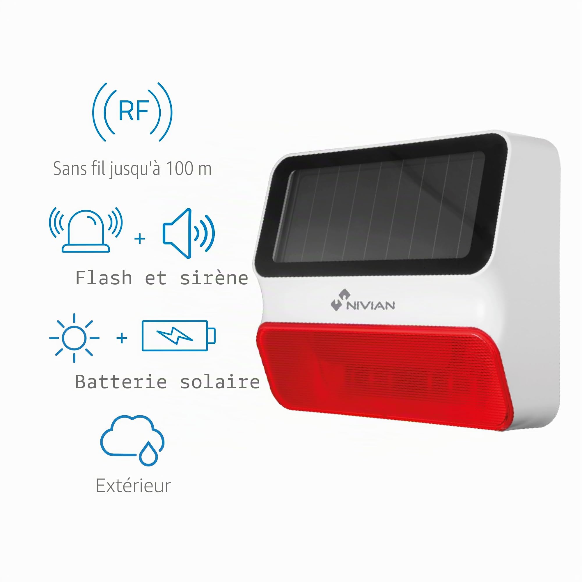 Nivian - Sirène sans Fil à énergie Solaire Compatible avec l'alarme Nivian - Convient pour l'extérieur - Alerte Lumineuse et sonore 100 DB