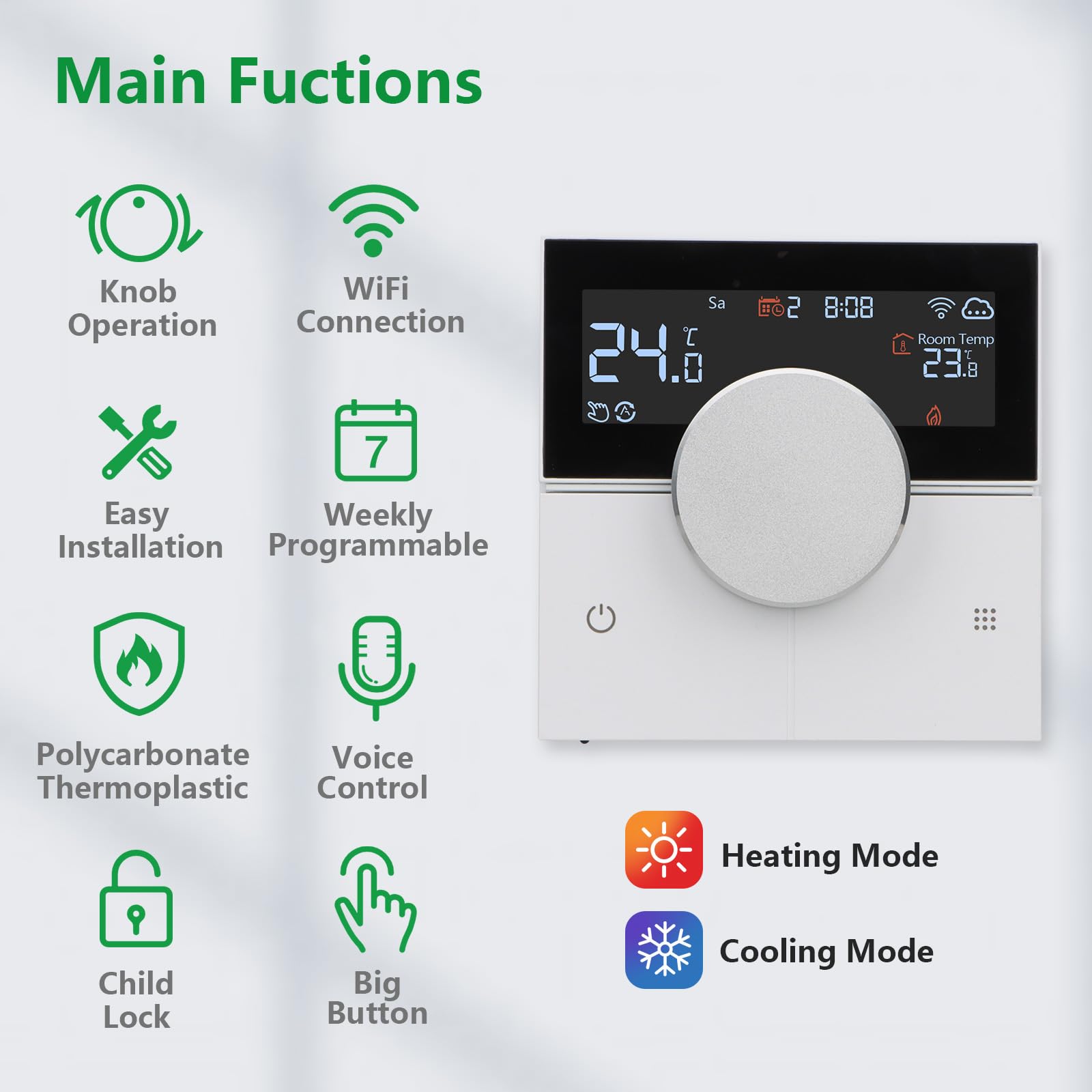 Wengart Smart WiFi Raumthermostat für Eigenheimbesitzer mit wasserführender Fußbodenheizung gegen Energieverlust beim Lüften mit umschaltbarem Heizen/Kühlen-Modus und großem Drehknopf