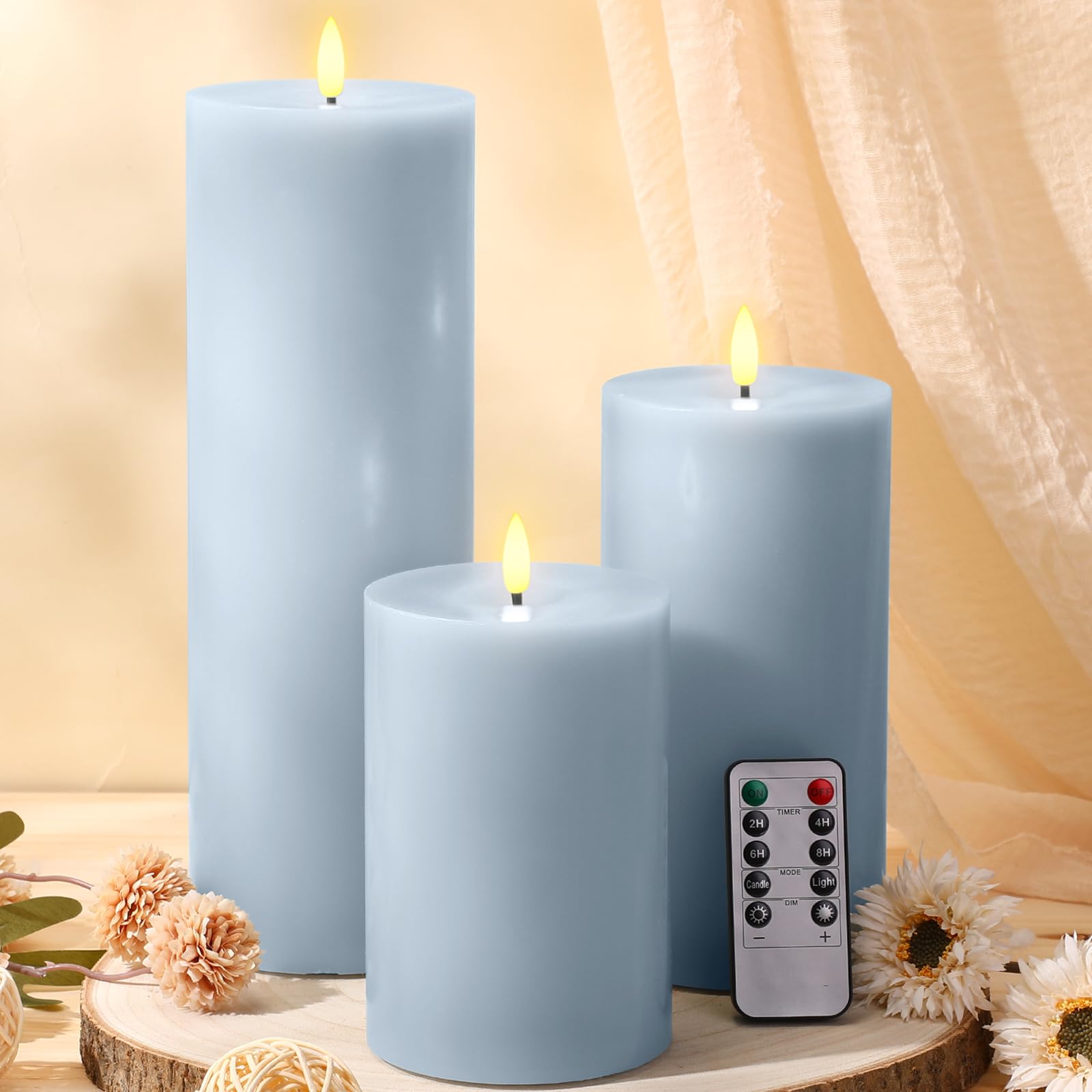 Retisee 3 Pcs Spring Easter Light Blue Large Flameless LED Battery Operated Candles with Remote Pillar Flameless Flickering Candles for Indoor Outdoor Party Wedding Light Decor(6''/8''/12''x4'')