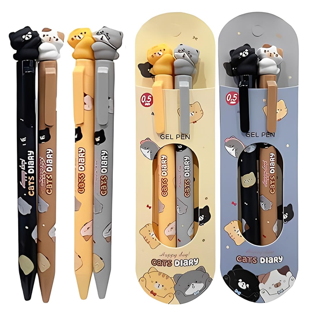 4 Piezas Legami Boligrafo Kawaii Cartoon Gato Gel Pen Negro Blanco Amarillo Gris Azul 0.5Mm, Writing Grips Lindo Material Escolar Oficina Para Regalo