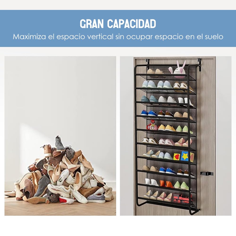 Organizador de Zapatos Colgante para Puerta de 10 Niveles, Negro, Marco de Acero con Malla, 54.5x21x159cm, Ahorro de Espacio, Multiusos (Negro, 54x21x159 CM)
