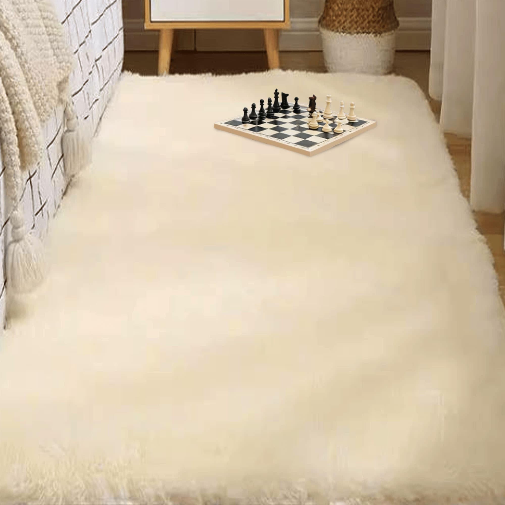 Tapis salon 90 x 210 cm crème moelleux à poil long pour chambre