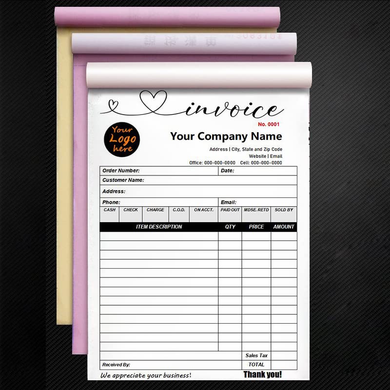 Custom Carbonless Sales Rechnungsformular Bücher für kleine Unternehmen, personalisiertes NCR 3-teiliges Quittungsbuch mit Carbon-Kopien, Cover hinzufügen Firmenname, Adresse und Nummer gedruckt