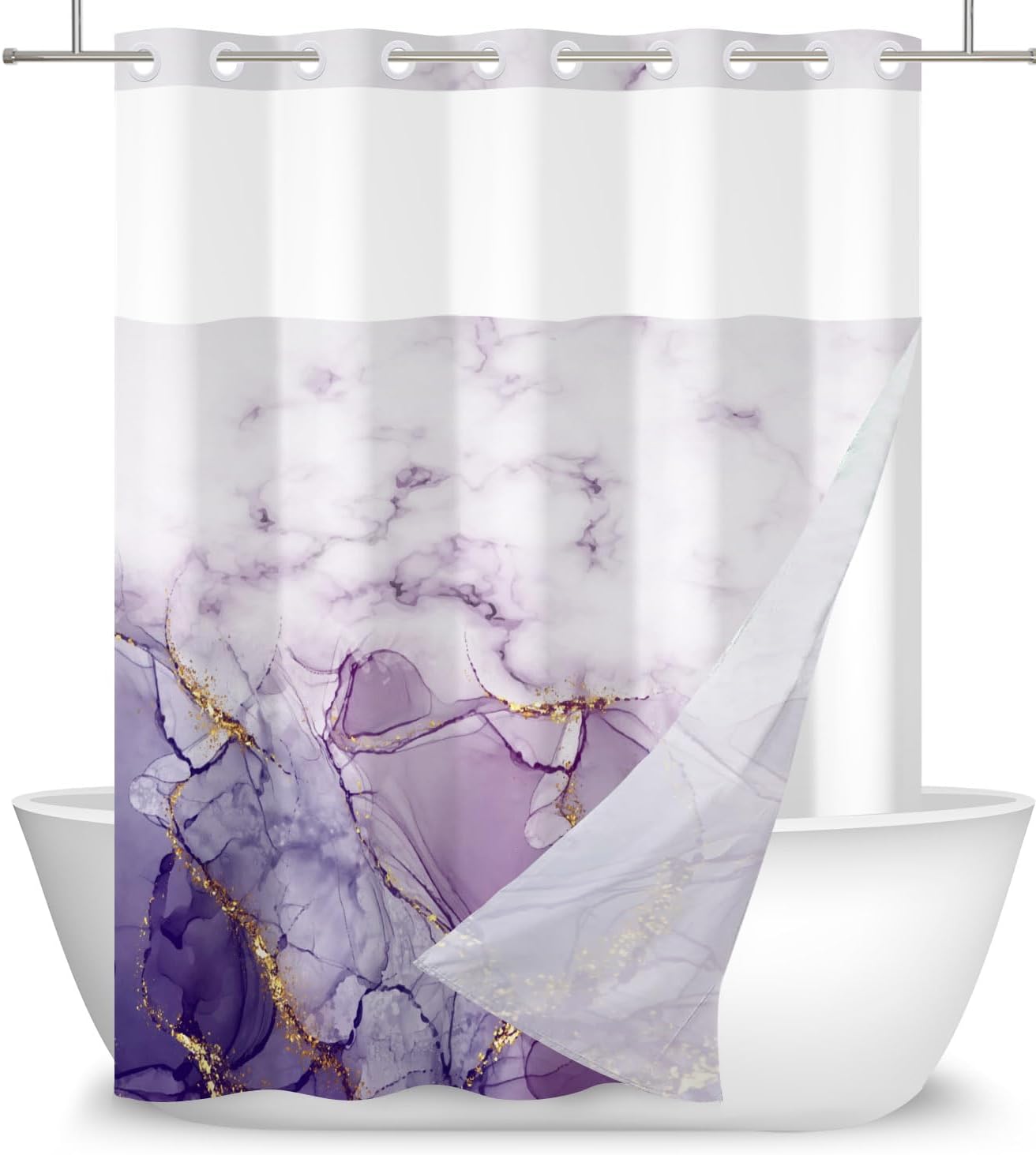 DASHAN Purple Marble No Hook Shower Curtain with Snap in Liner, Abstract Modern Shower Curtains for Bathroom, Luxury Texture Bath Curtain Hotel Fabric Bathroom Curtains 71"x74"