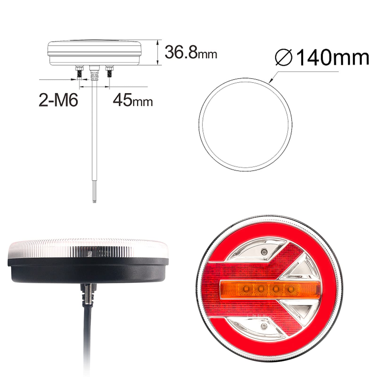 2 fanali posteriori a LED rotondi, 12 V, 24 V, universali, per camion, con certificazione ECE, impermeabilità IP67