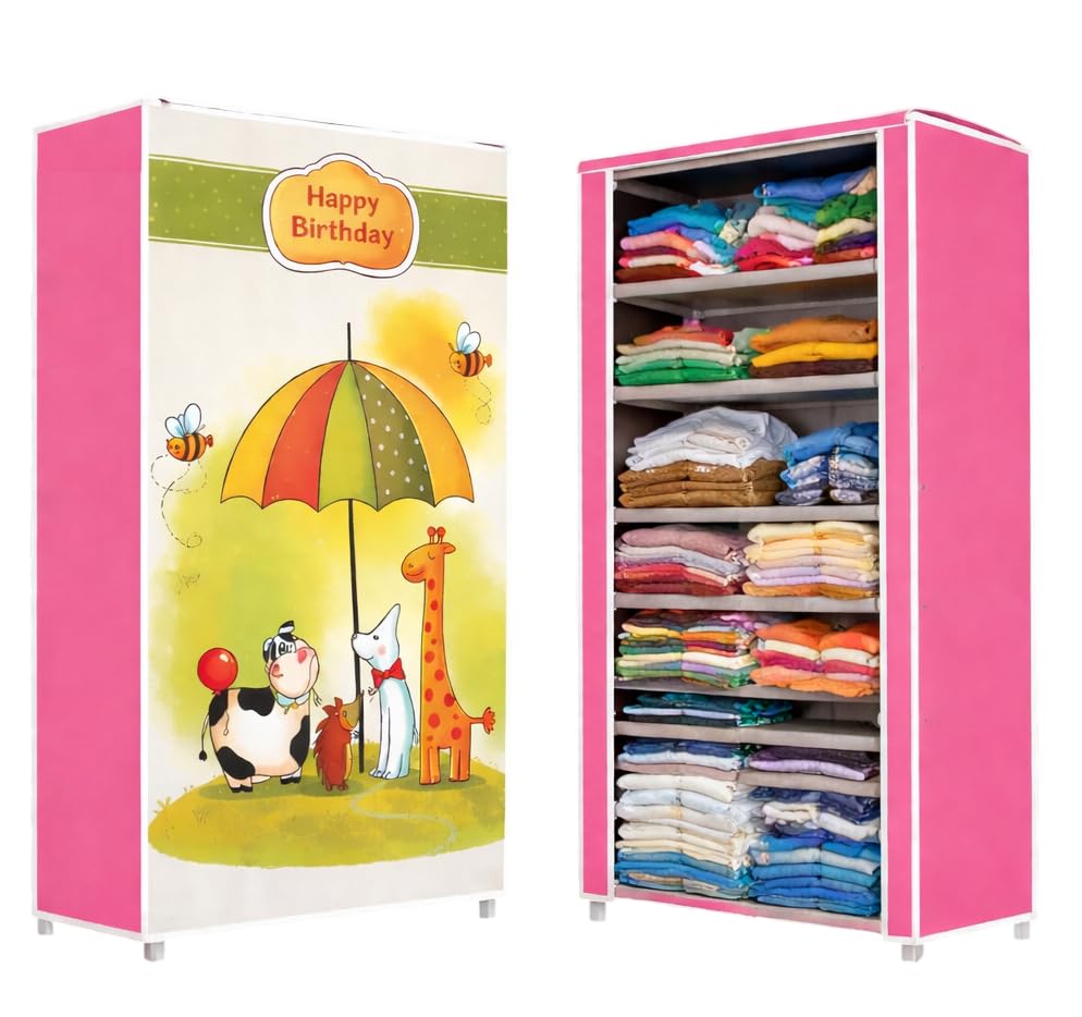 Primepics Metal Pipes Fabric Shelf Collapsible Wardrobe 6 Shelves/Cabinet/Multipurpose, Foldable, Collapsible Organizer for Home Office (Happy Birthday, 6 Layer Rack)-image-5